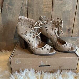 Tan ankle Heels with Perforated Design